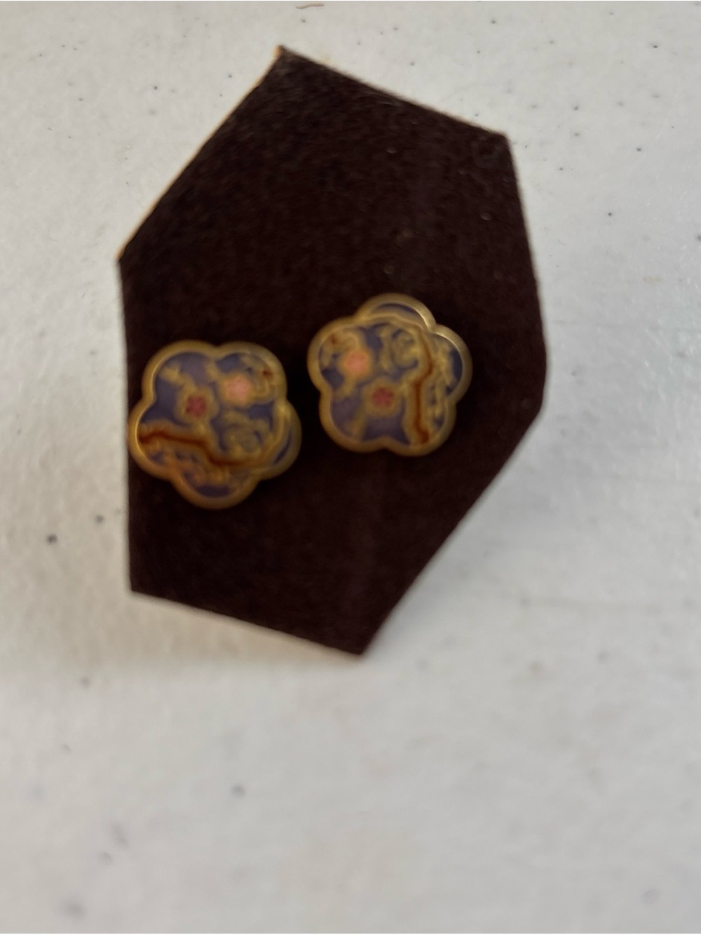 Gold-Tone Purple Floral Cloisonné Stud Earrings - Elegant Enamel Design